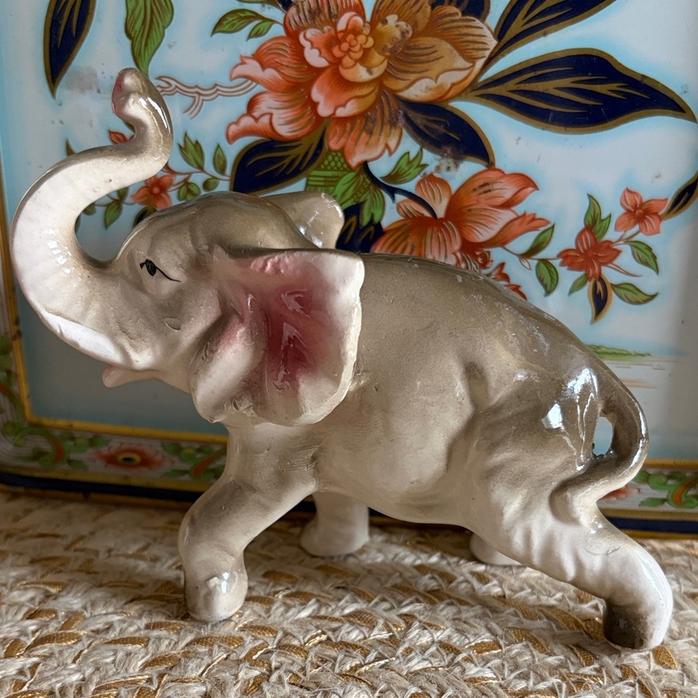 Vintage MCM Ceramic Elephant Figurine in Cream with Pink Ears